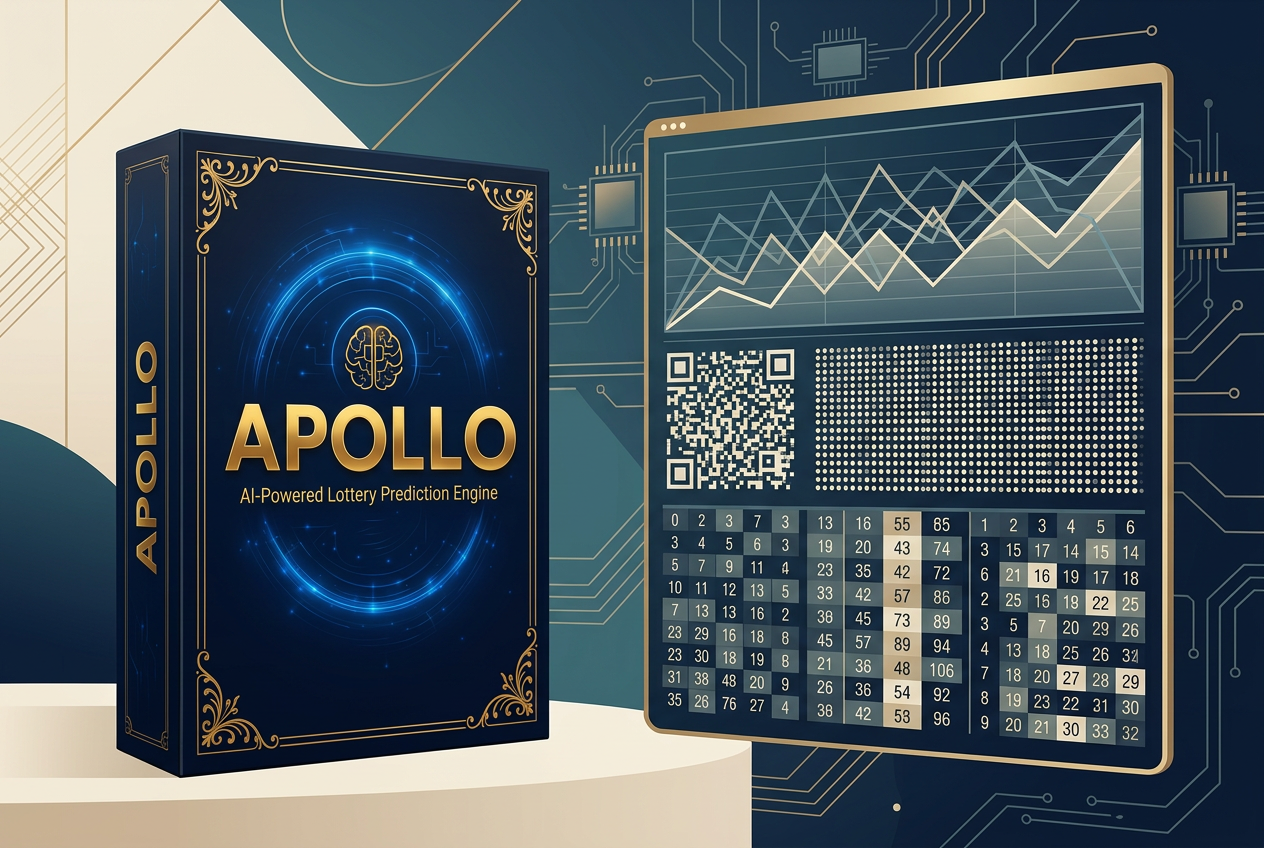 Editorial visualization of Apollo Intelligence beside an abstract historical data display