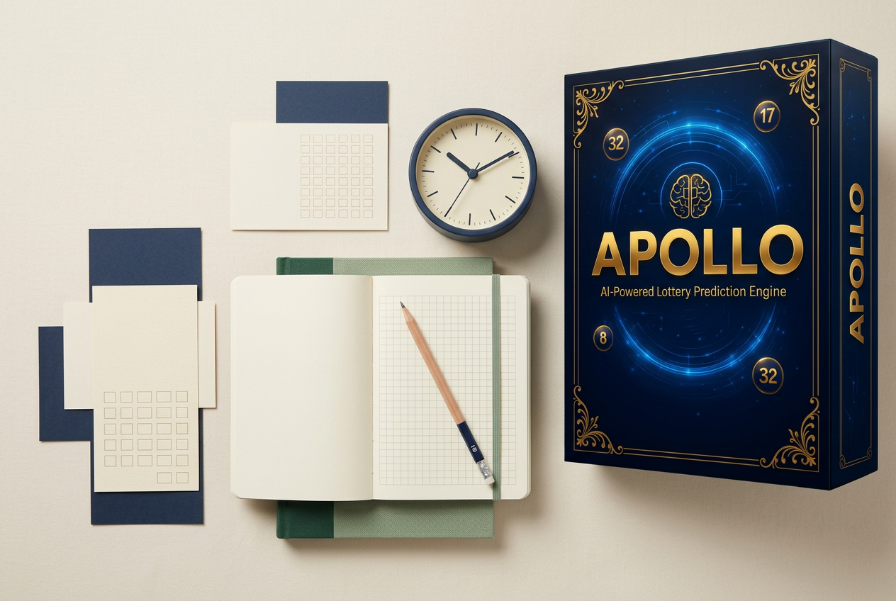Apollo Intelligence software box beside a budget notebook, pencil, and clock